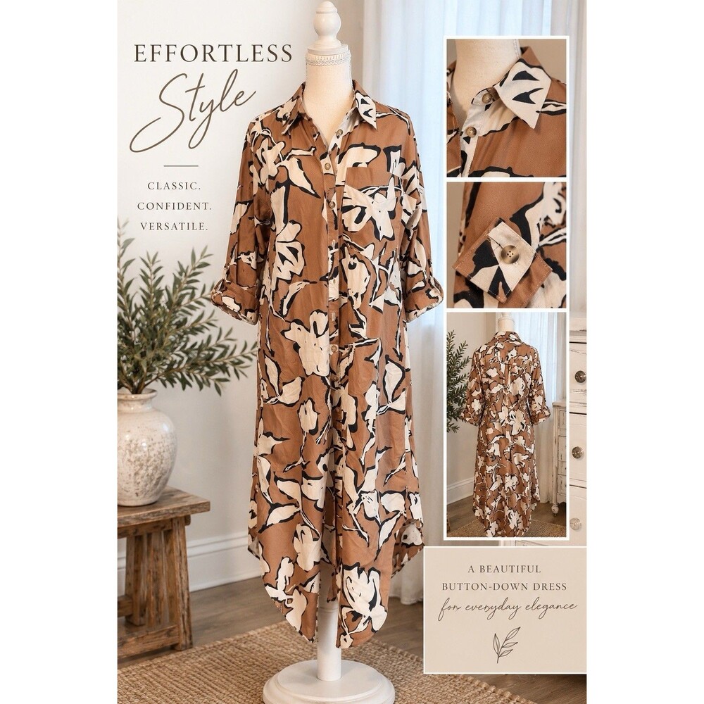 Anthropologie The Soren Floral Midi Shirt Dress Brown Cotton Size Small